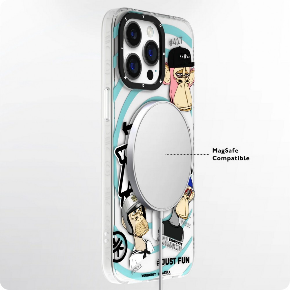 Coque iPhone 15 Pro Max - Youngkit Funny BoredApe (@BAYC) avec Magsafe - Bleu clair