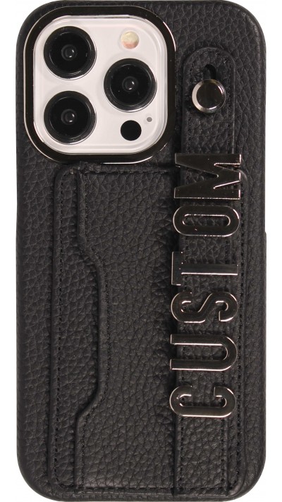 Coque iPhone 15 Pro - Personnalisée cuir sur mesure avec lettrage argent + lanière et compartiment carte - Noir