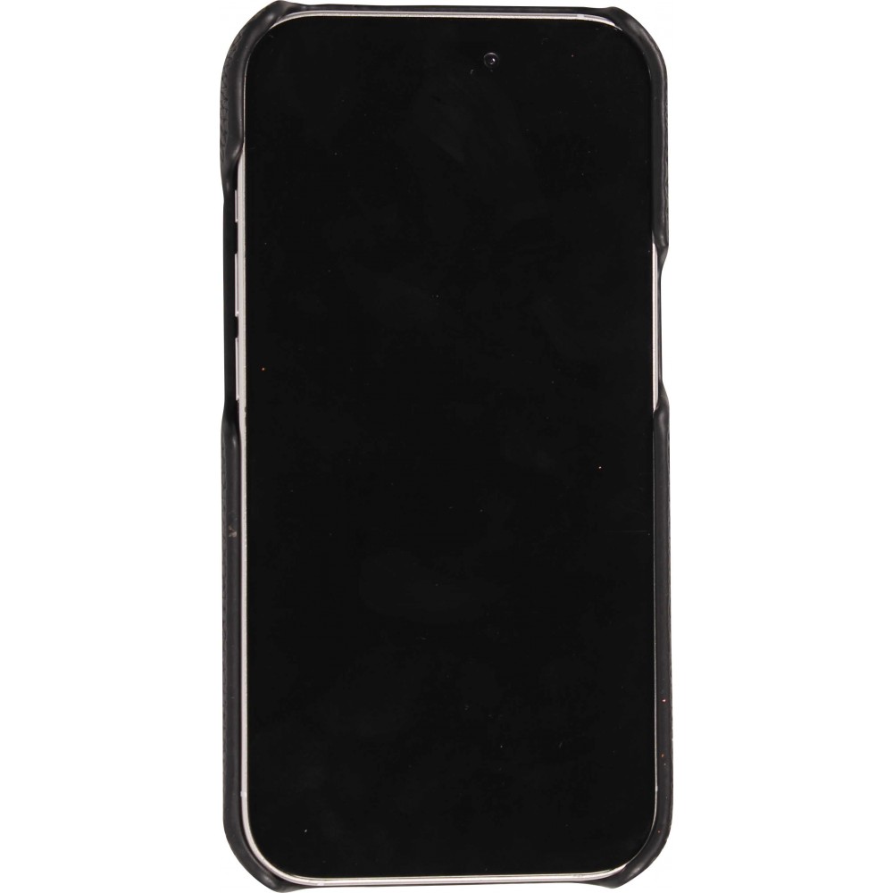 iPhone 15 Pro Case Hülle - Individuell angefertigte Lederhülle mit silbernem Schriftzug + Lanyard und Kartenfach - Schwarz