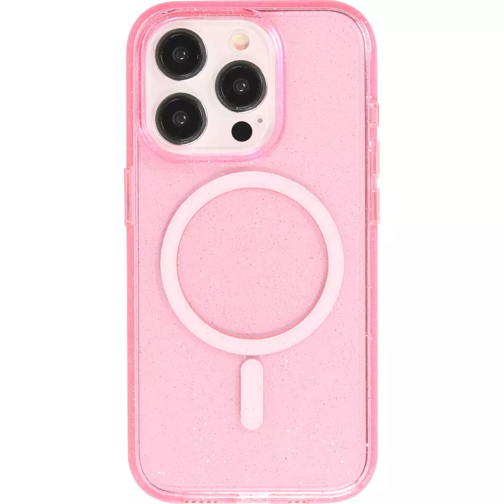 Coque iPhone 15 Pro - Silicone rigide avec dos paillettes et MagSafe - Rose