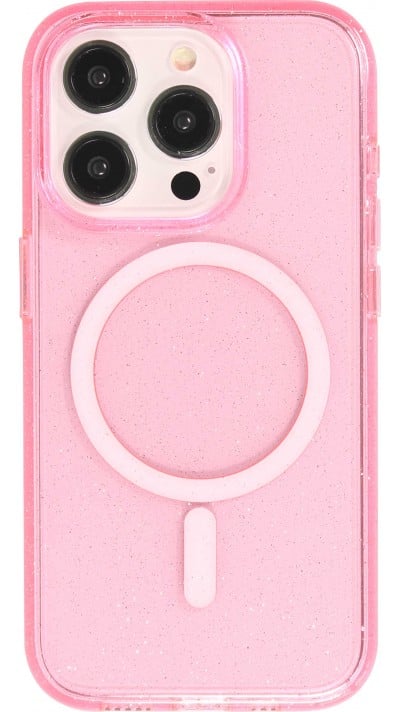 iPhone 15 Pro Case Hülle - Hartes Silikon mit Glitzer Rückseite und MagSafe - Rosa