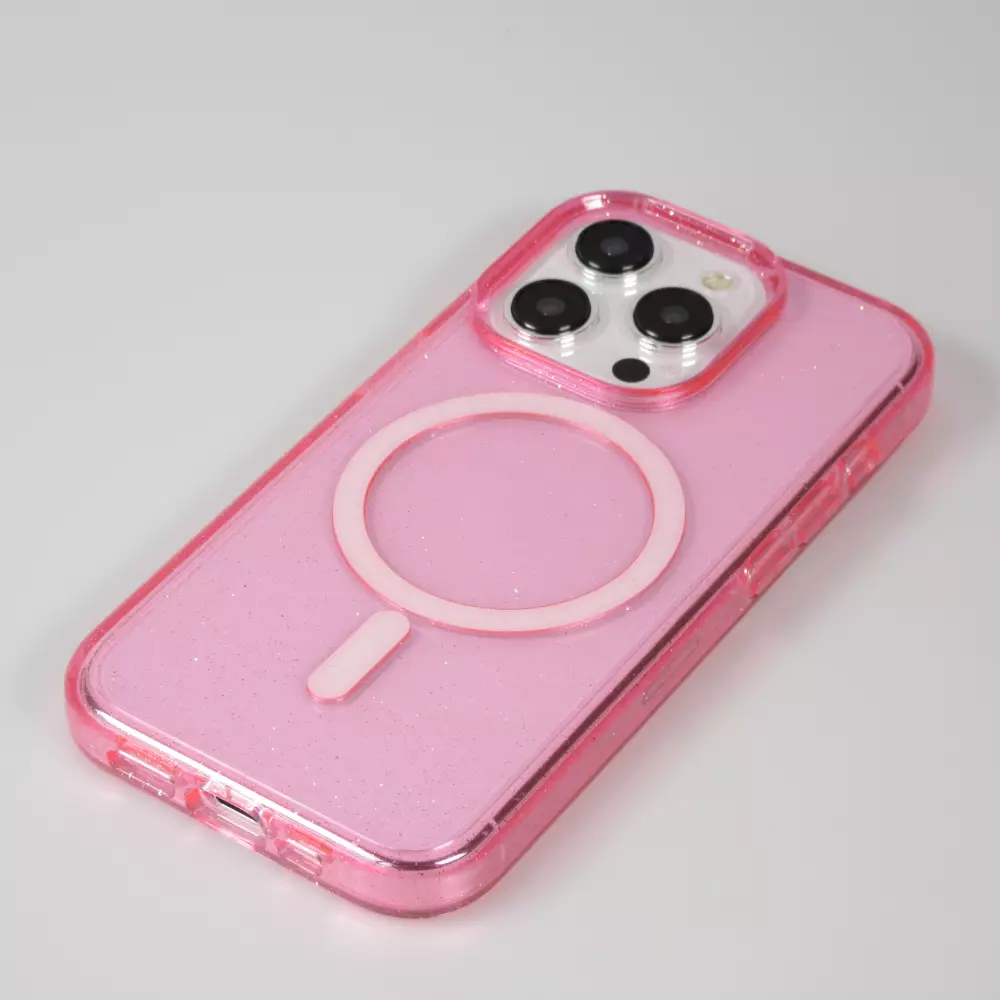 Coque iPhone 15 Pro - Silicone rigide avec dos paillettes et MagSafe - Rose
