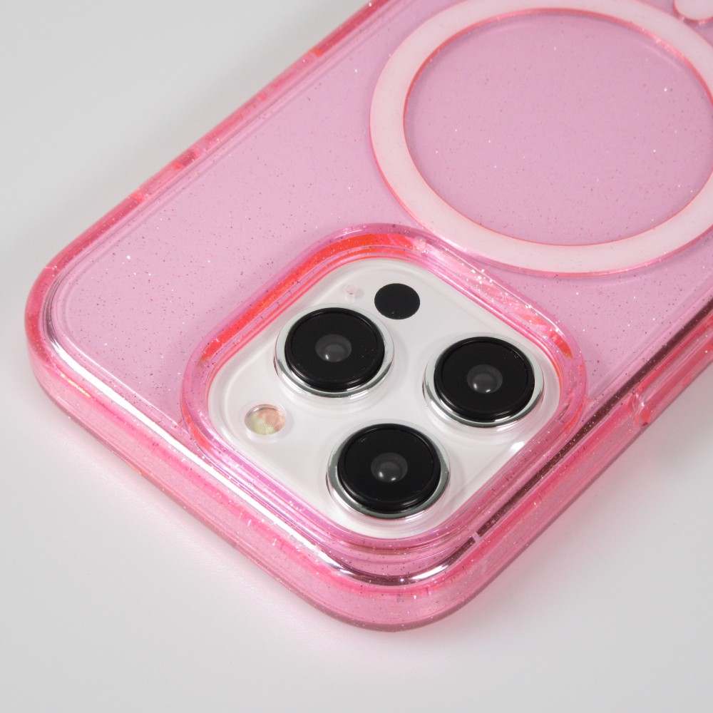 Coque iPhone 15 Pro - Silicone rigide avec dos paillettes et MagSafe - Rose