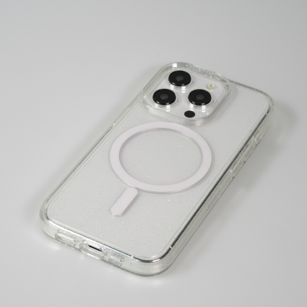 Coque iPhone 15 Pro - Silicone rigide avec dos paillettes et MagSafe - Transparent
