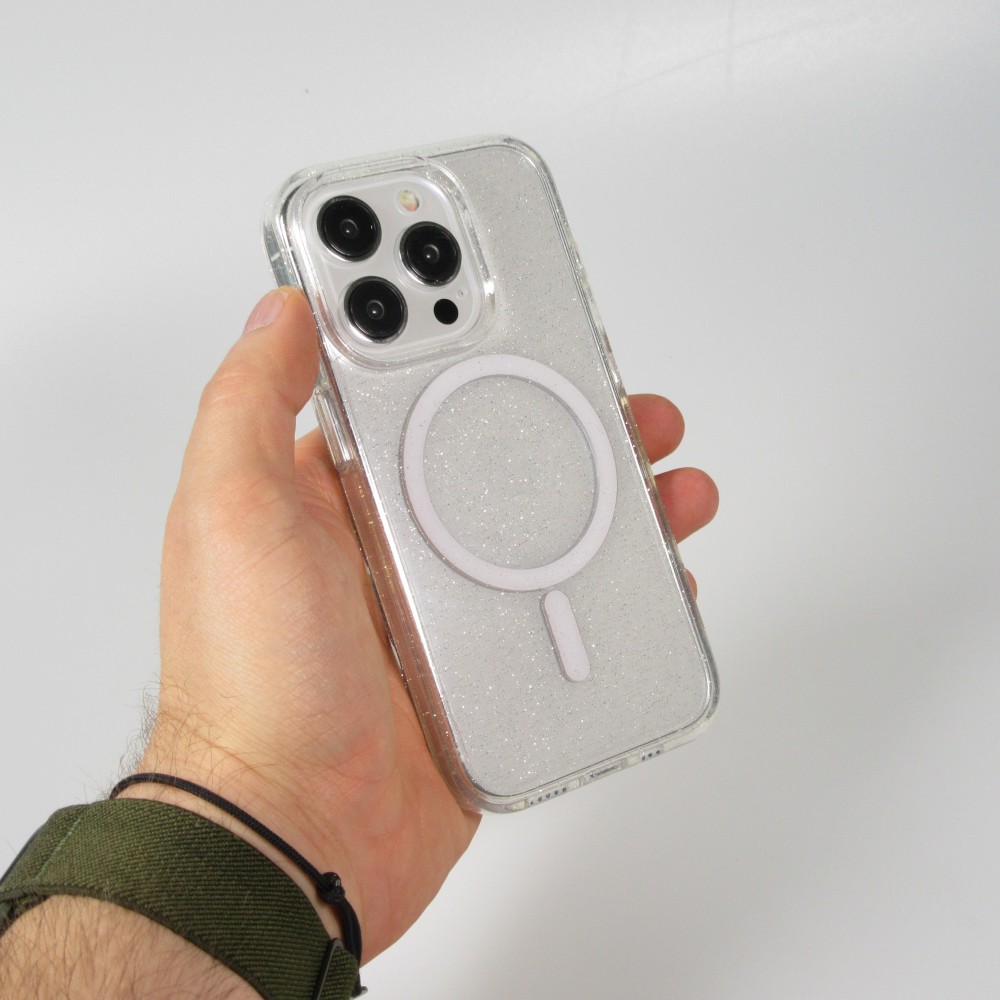 Coque iPhone 15 Pro - Silicone rigide avec dos paillettes et MagSafe - Transparent