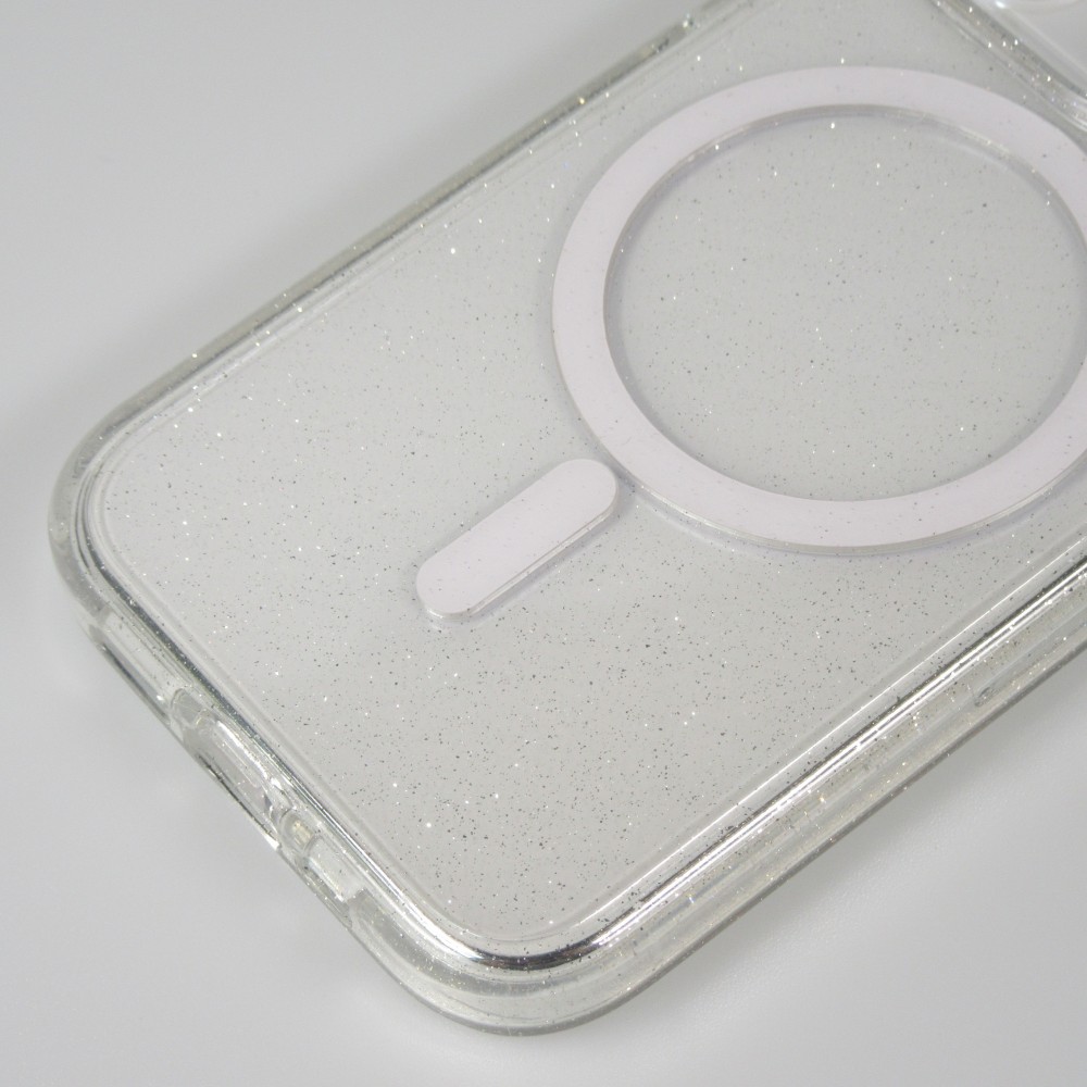 Coque iPhone 15 Pro - Silicone rigide avec dos paillettes et MagSafe - Transparent