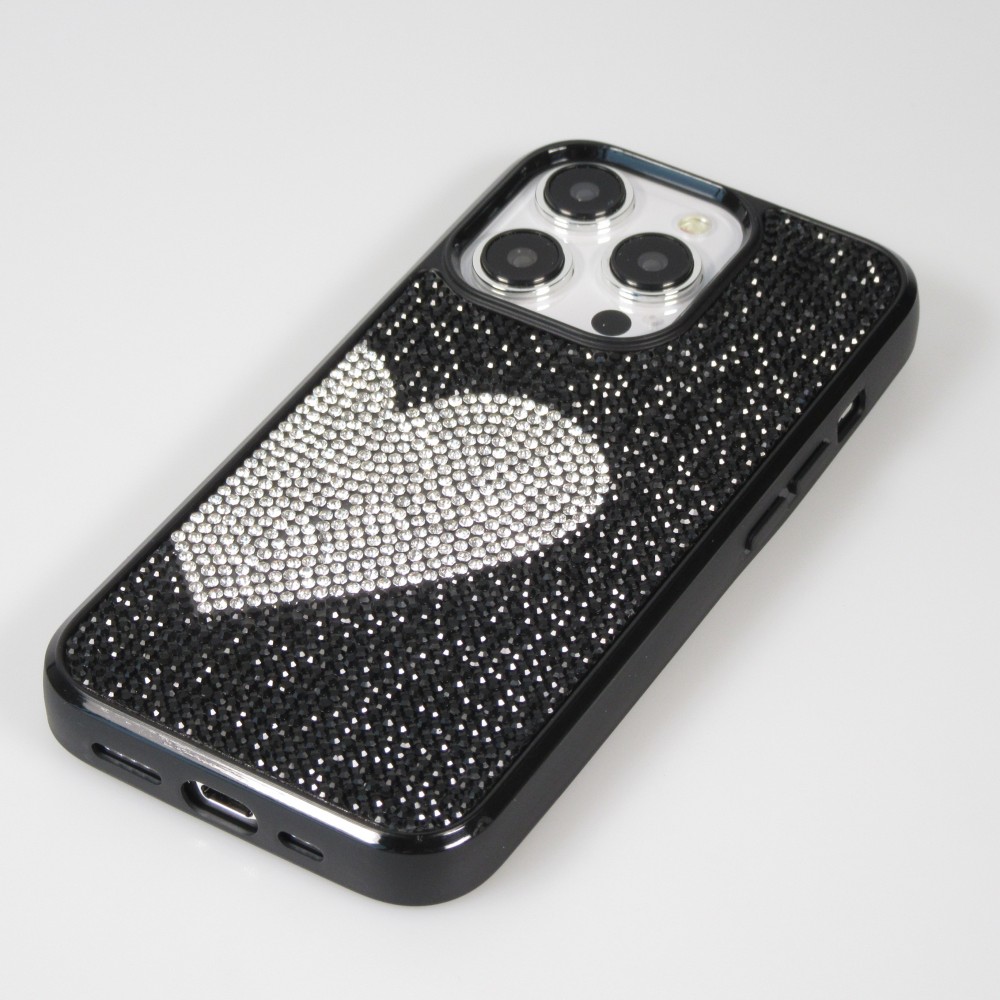 Coque iPhone 15 Pro - Silicone souple paillet&eacute; avec gemmes White Heart - Noir