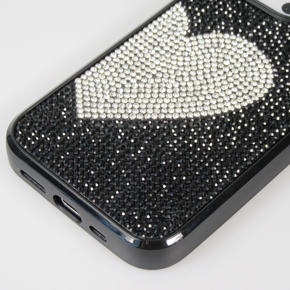 Coque iPhone 15 Pro - Silicone souple paillet&eacute; avec gemmes White Heart - Noir