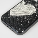 Coque iPhone 15 Pro - Silicone souple paillet&eacute; avec gemmes White Heart - Noir