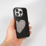 Coque iPhone 15 Pro - Silicone souple paillet&eacute; avec gemmes White Heart - Noir