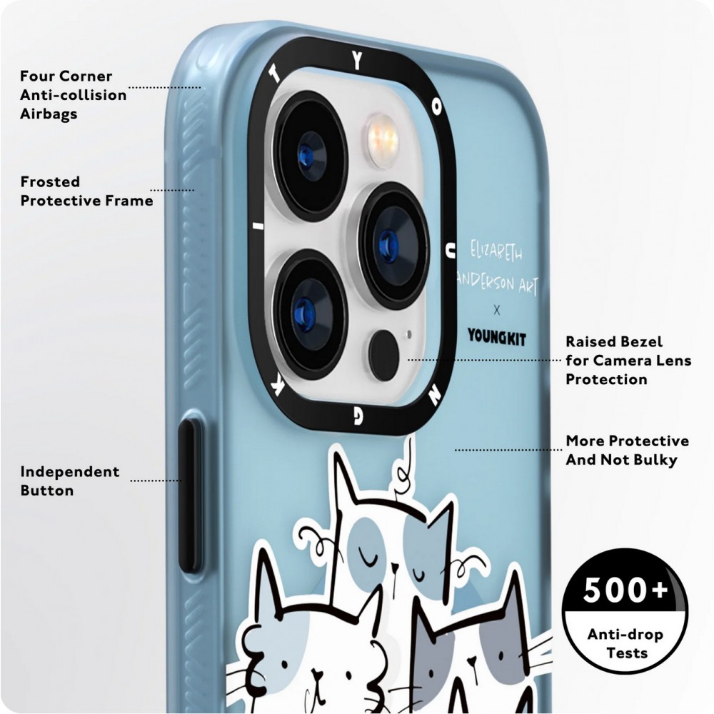 iPhone 15 Pro Case Hülle - Youngkit @Elizabeth Anderson Art Love Cat Case mit Magsafe  - Blau