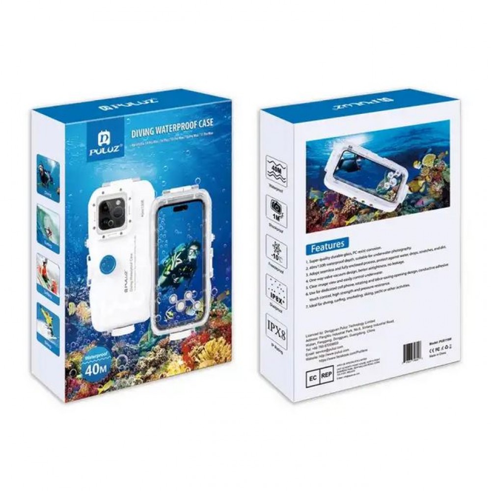 Coque iPhone - Protection étanche PULUZ pour plongée et snorkeling à 40M grade IPX8 universelle iPhone (small) - Blanc