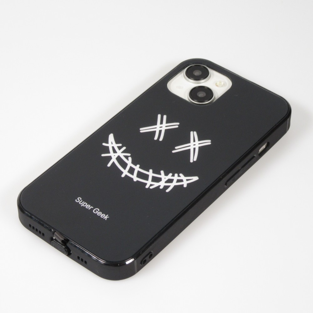 iPhone 15 Case Hülle - Silikon Glossy integriertes LED Licht mit USB-C Anschluss - Crazy Smile - Schwarz