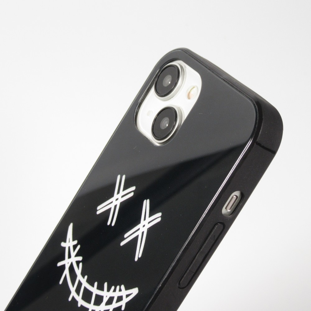 iPhone 15 Case Hülle - Silikon Glossy integriertes LED Licht mit USB-C Anschluss - Crazy Smile - Schwarz