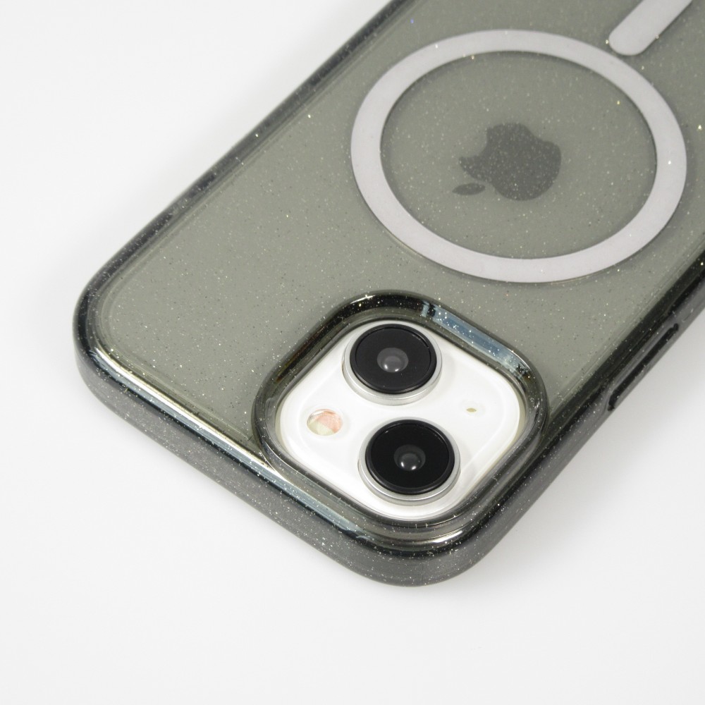 Coque iPhone 15 - Silicone rigide avec dos paillettes et MagSafe - Noir