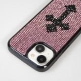 Coque iPhone 15 - Silicone souple pailleté avec gemmes Gothic Cross - Violet