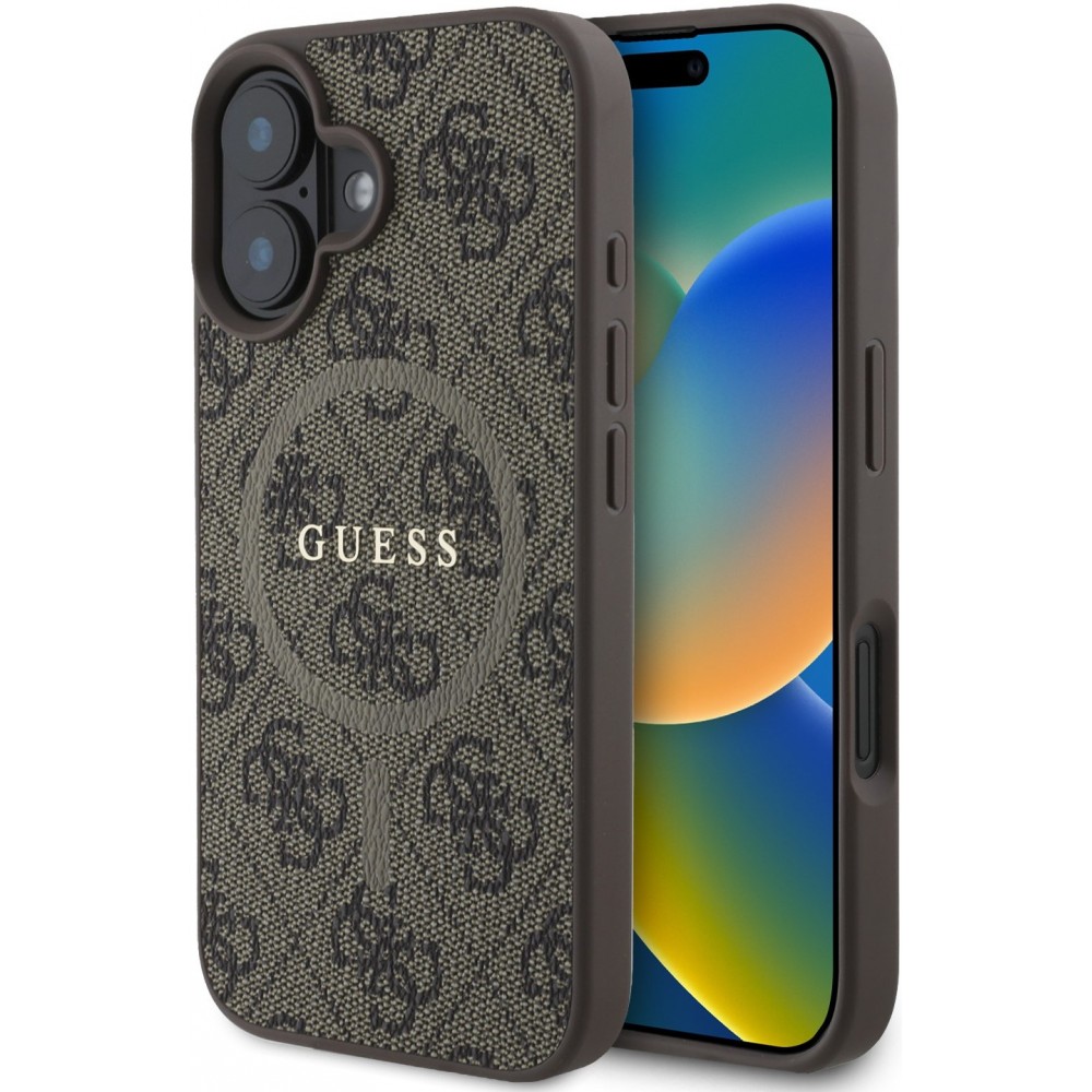 iPhone 16 Case Hülle - Guess Monogramm Kunstleder mit integriertem MagSafe und goldenem Logo - Braun
