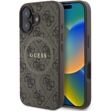 iPhone 16 Case Hülle - Guess Monogramm Kunstleder mit integriertem MagSafe und goldenem Logo - Braun