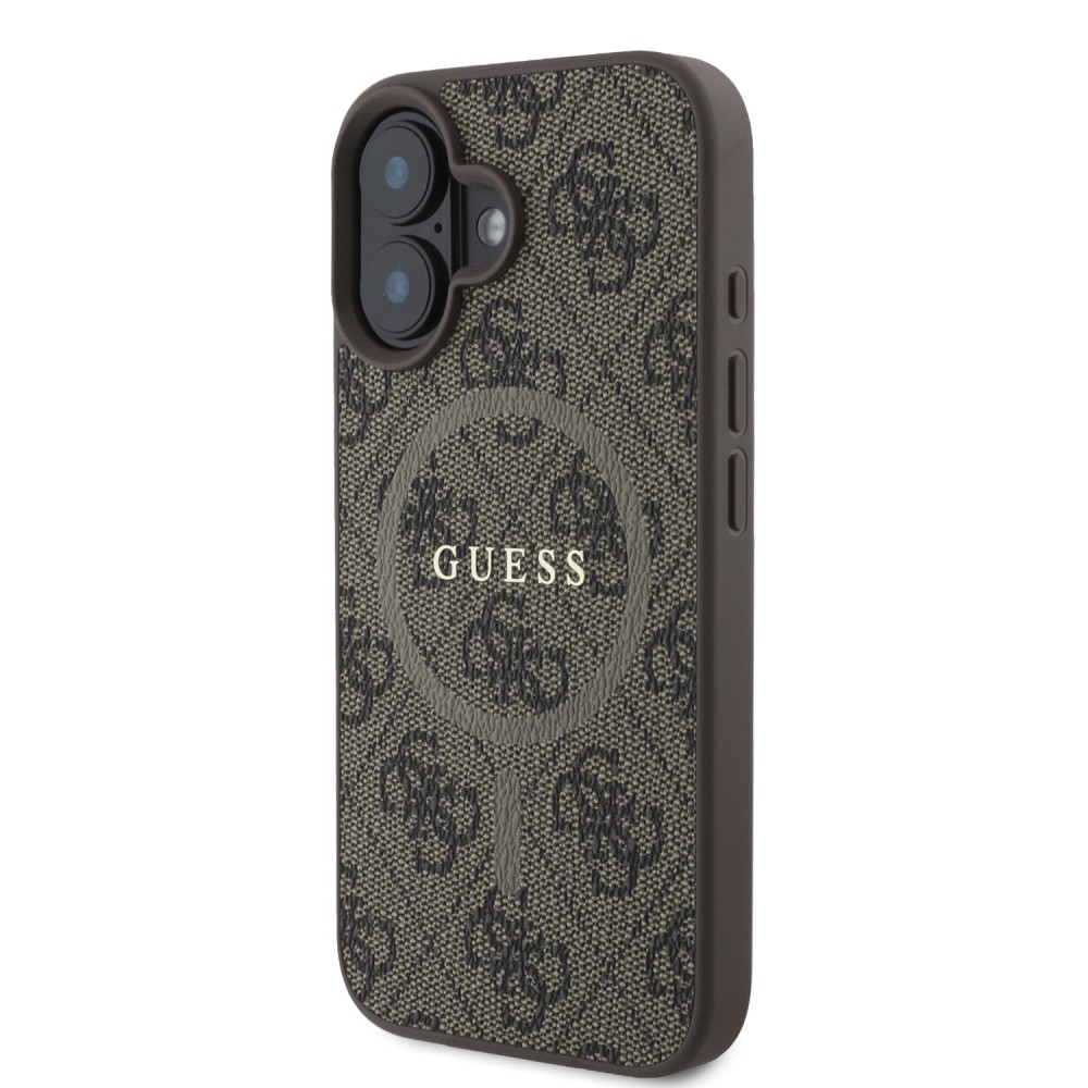 iPhone 16 Case Hülle - Guess Monogramm Kunstleder mit integriertem MagSafe und goldenem Logo - Braun