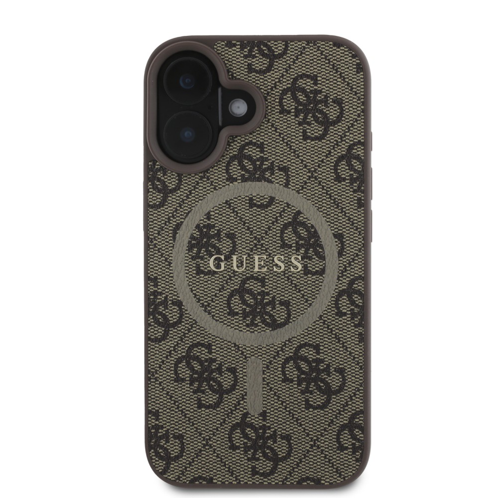 iPhone 16 Case Hülle - Guess Monogramm Kunstleder mit integriertem MagSafe und goldenem Logo - Braun