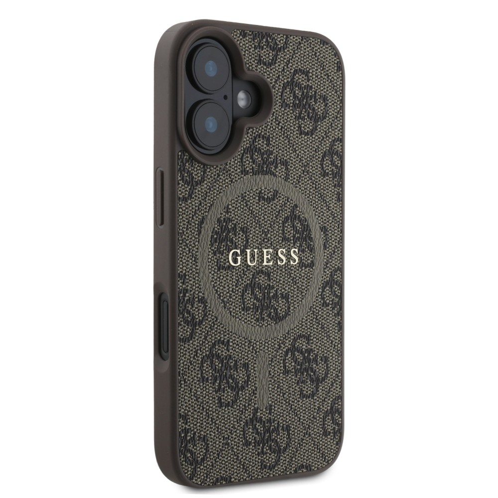 iPhone 16 Case Hülle - Guess Monogramm Kunstleder mit integriertem MagSafe und goldenem Logo - Braun