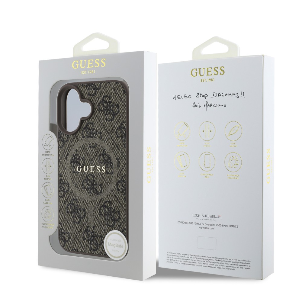 iPhone 16 Case Hülle - Guess Monogramm Kunstleder mit integriertem MagSafe und goldenem Logo - Braun