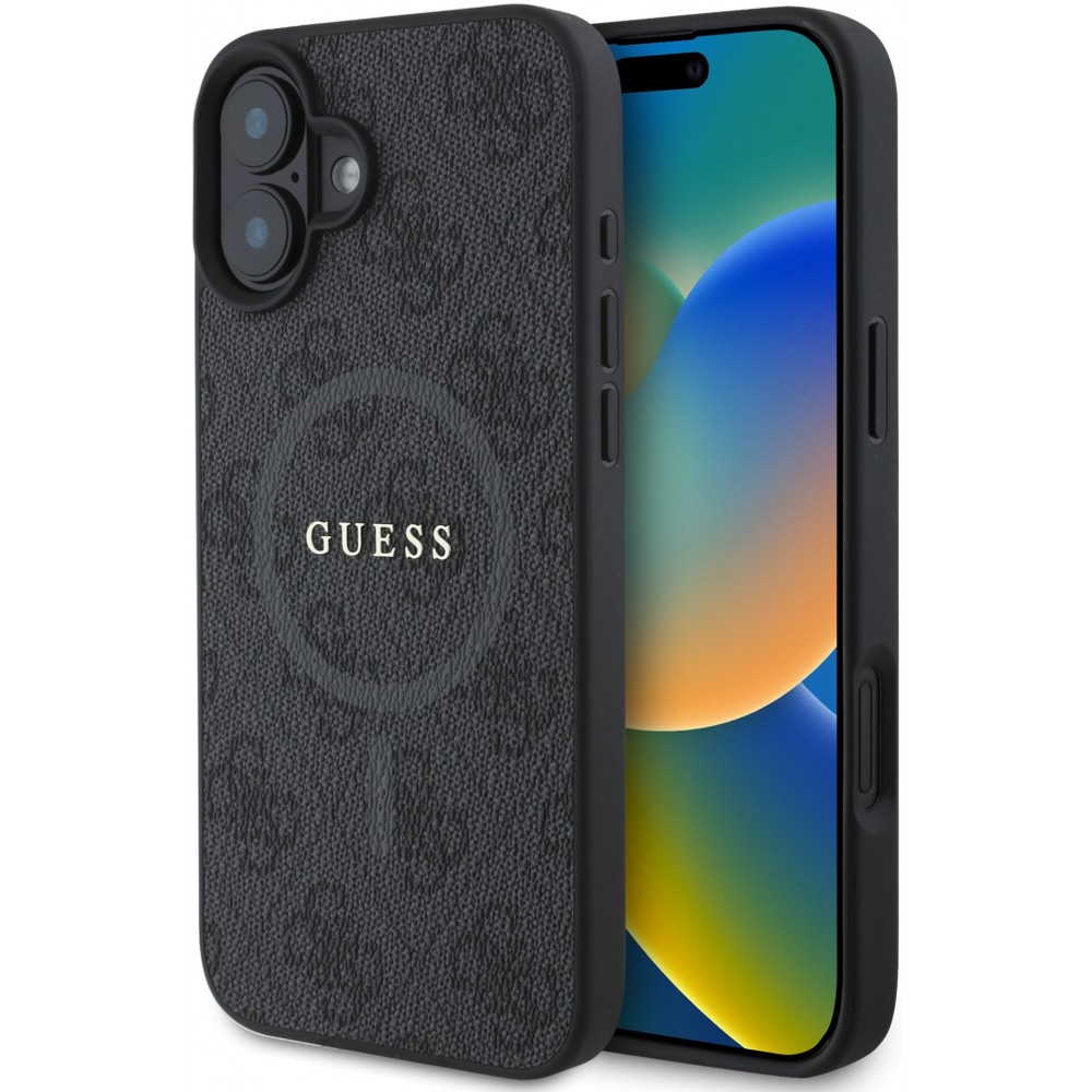 Coque iPhone 16e - Guess monogramme similicuir avec MagSafe intégré et logo doré - Noir