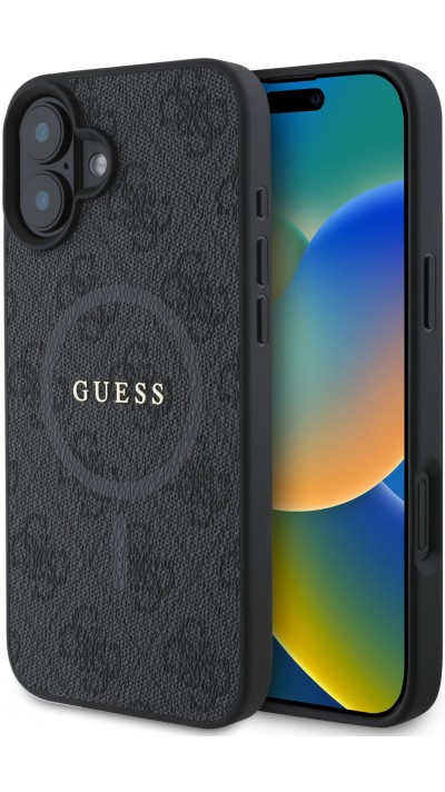 Coque iPhone 16e - Guess monogramme similicuir avec MagSafe intégré et logo doré - Noir