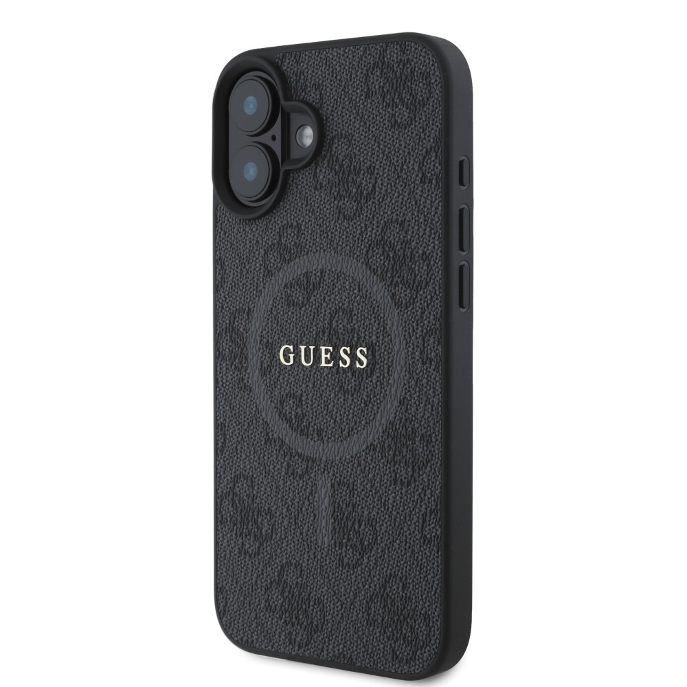 Coque iPhone 16e - Guess monogramme similicuir avec MagSafe intégré et logo doré - Noir