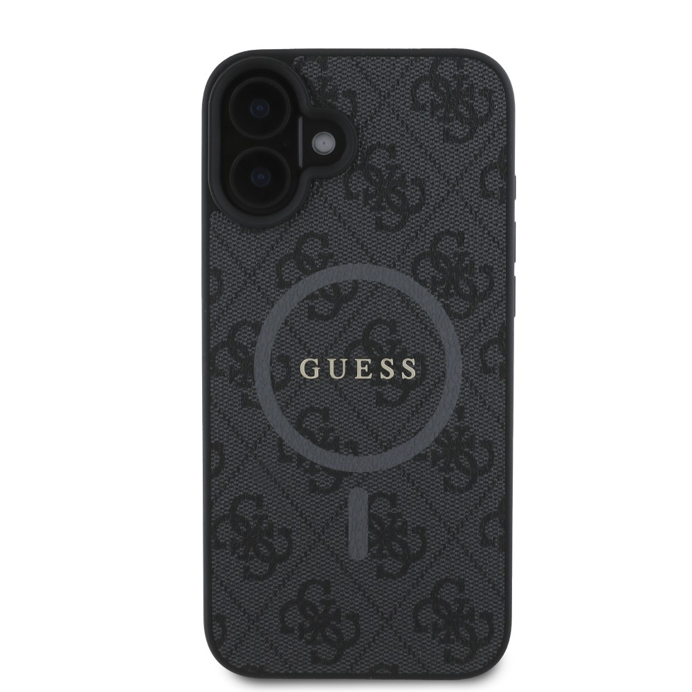 Coque iPhone 16e - Guess monogramme similicuir avec MagSafe intégré et logo doré - Noir