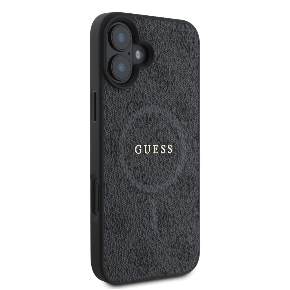 Coque iPhone 16e - Guess monogramme similicuir avec MagSafe intégré et logo doré - Noir