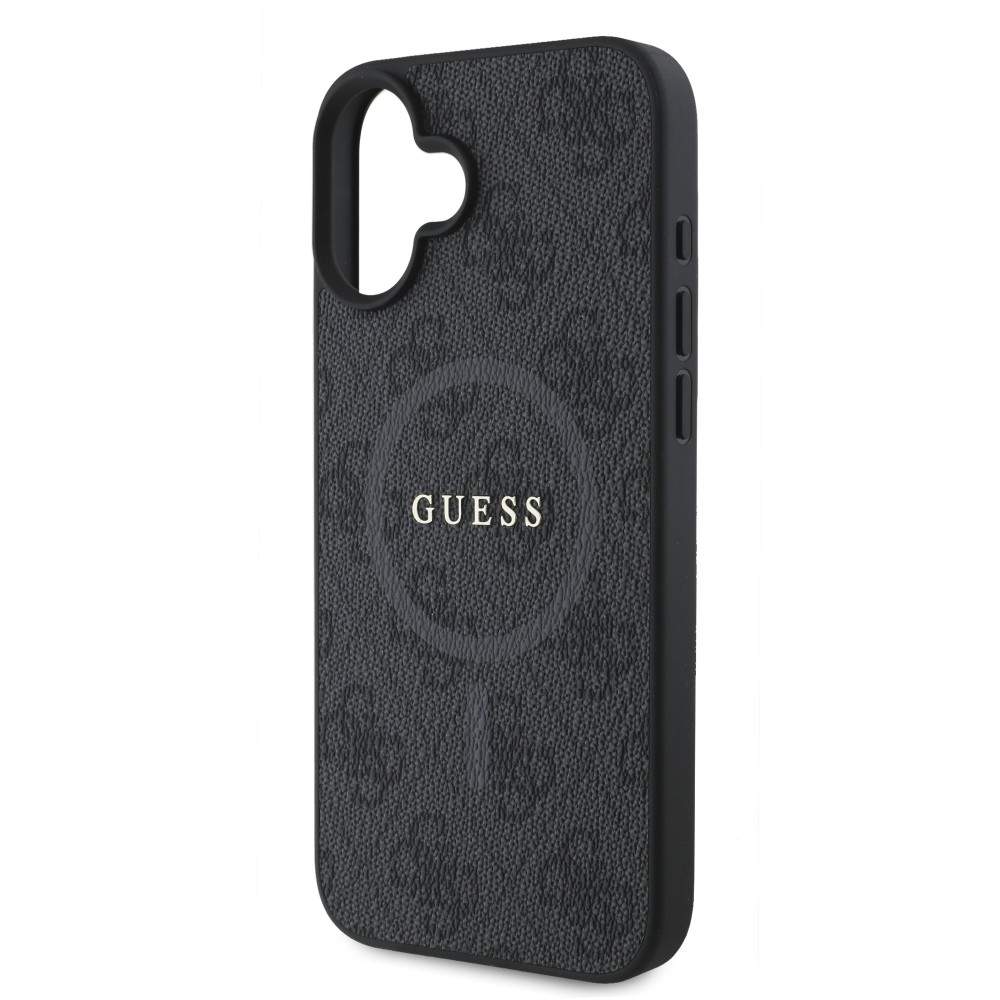 Coque iPhone 16e - Guess monogramme similicuir avec MagSafe intégré et logo doré - Noir