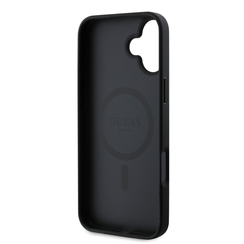 Coque iPhone 16e - Guess monogramme similicuir avec MagSafe intégré et logo doré - Noir