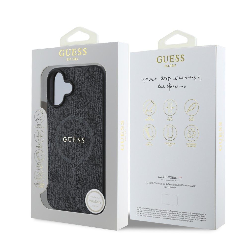 Coque iPhone 16e - Guess monogramme similicuir avec MagSafe intégré et logo doré - Noir