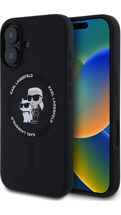 Coque iPhone 16 - Karl Lagerfeld et Choupette soft touch avec MagSafe - Noir
