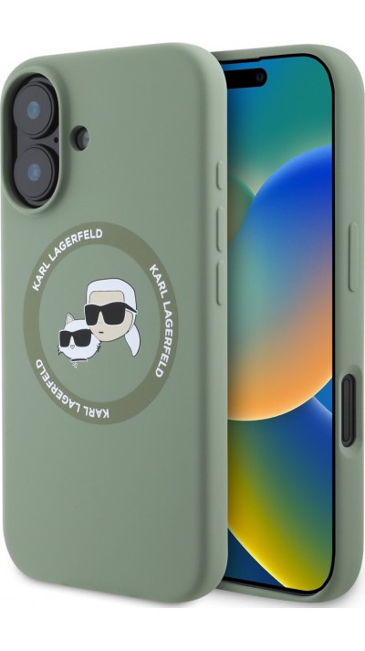 Coque iPhone 16 - Karl Lagerfeld et Choupette soft touch avec MagSafe - Vert foncé