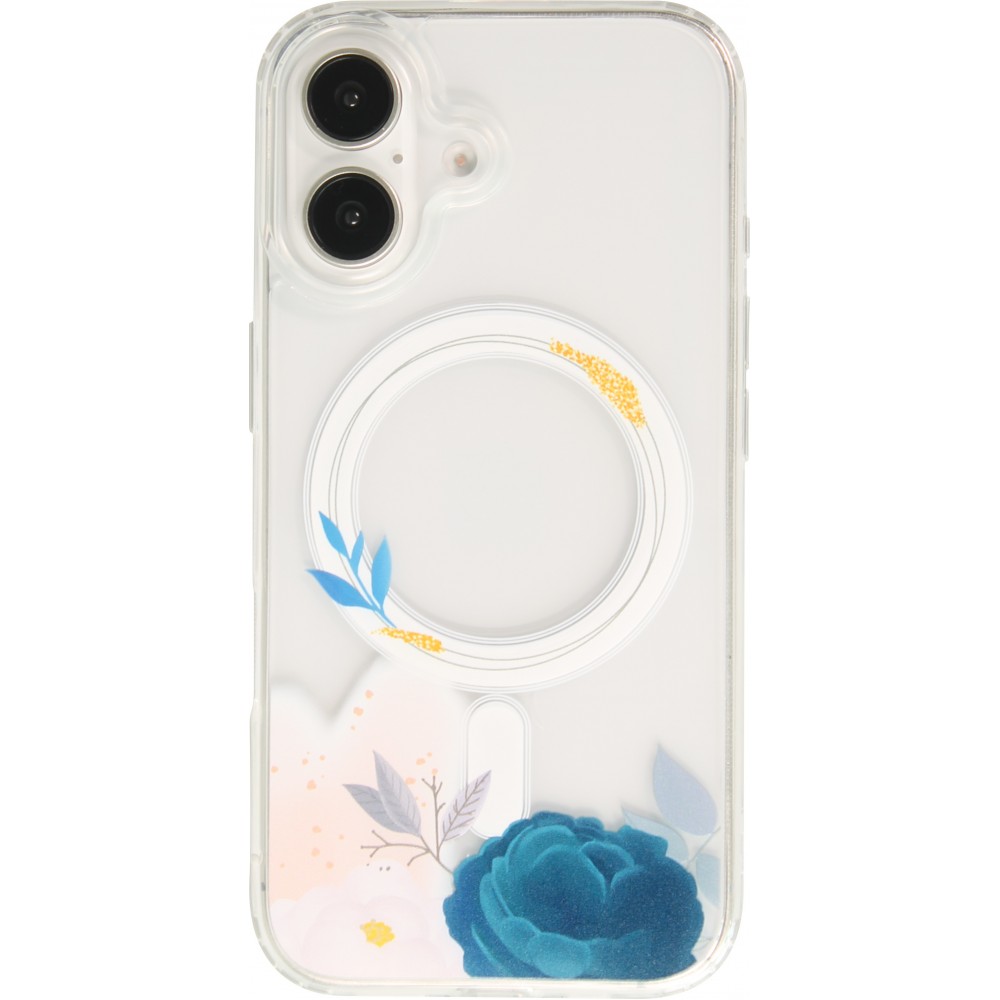 iPhone 16 Plus Case Hülle - Gummi Silikon steif mit MagSafe blaue Rose - Transparent