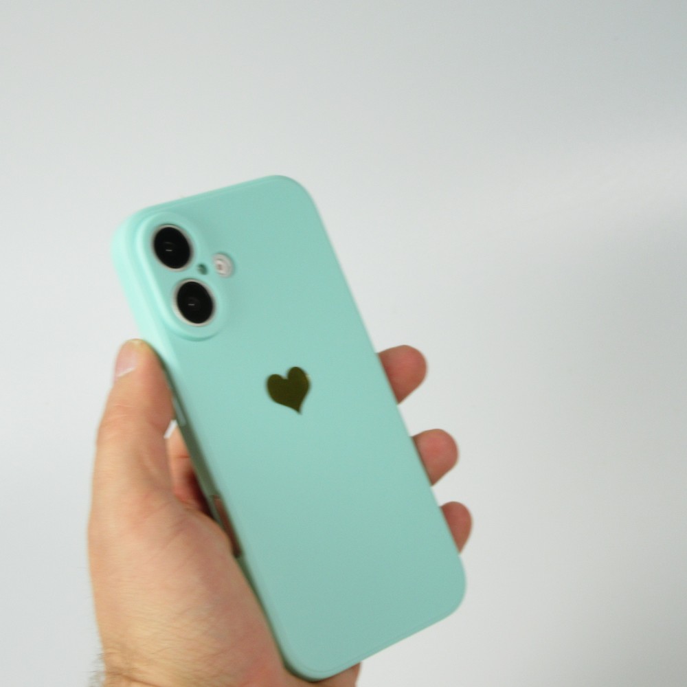 Coque iPhone 16 Plus - Silicone Mat Coeur doré - Turquoise
