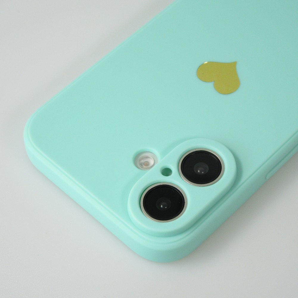 Coque iPhone 16 Plus - Silicone Mat Coeur doré - Turquoise