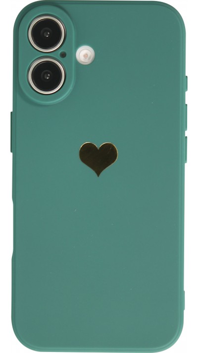iPhone 16 Plus Case Hülle - Silikon Mat Herz gold - Dunkelgrün