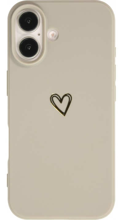 Coque iPhone 16 Plus - Silicone mat dessin cœur doré - Gris
