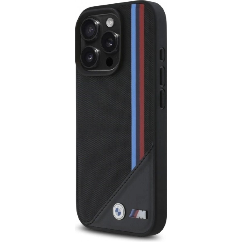 Coque iPhone 16 Pro - BMW M Tricolore Stripes cuir MagSafe - Noir