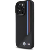 Coque iPhone 16 Pro - BMW M Tricolore Stripes cuir MagSafe - Noir