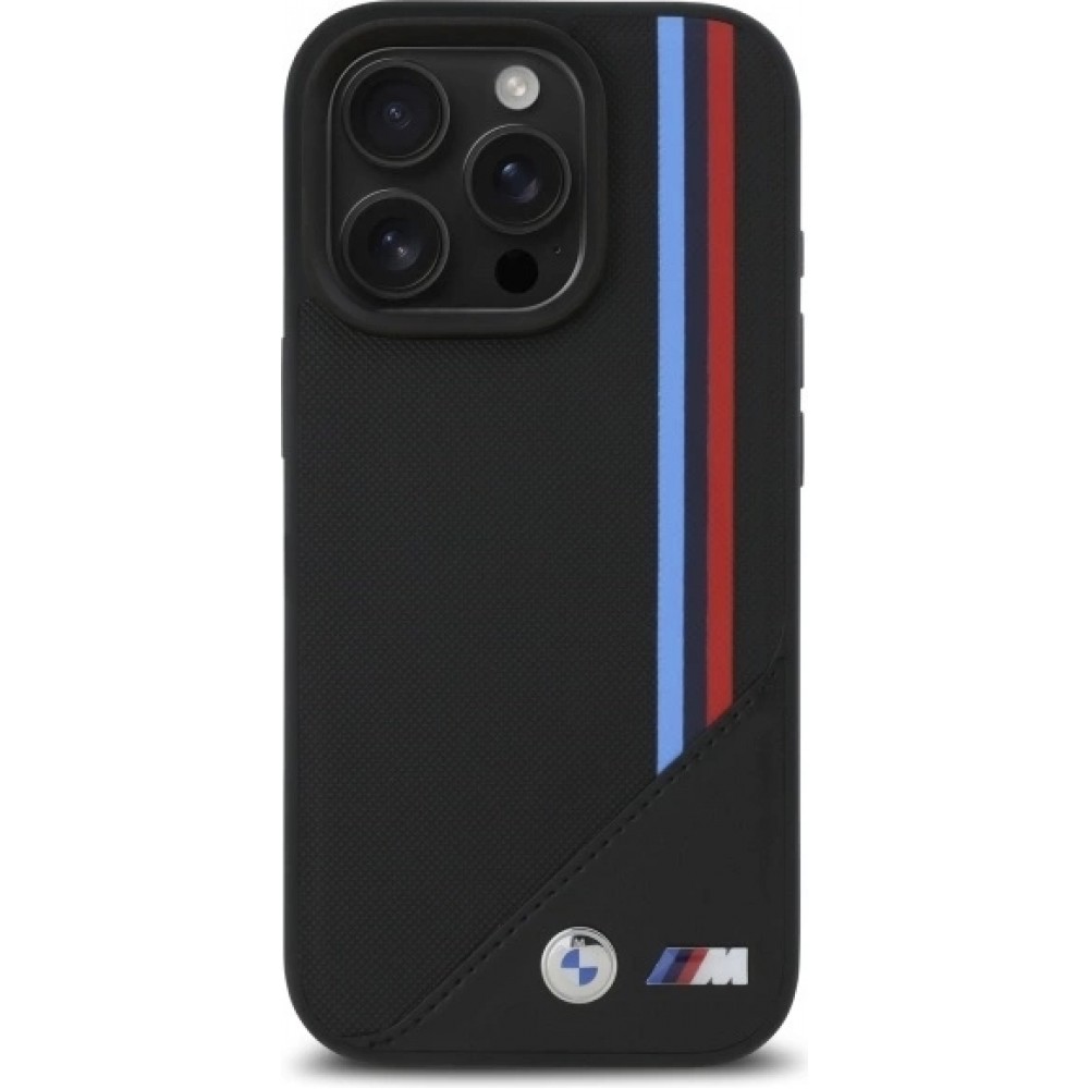 Coque iPhone 16 Pro - BMW M Tricolore Stripes cuir MagSafe - Noir