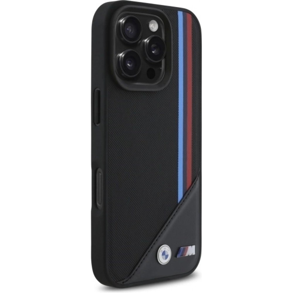 Coque iPhone 16 Pro - BMW M Tricolore Stripes cuir MagSafe - Noir