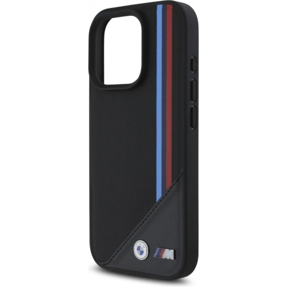 Coque iPhone 16 Pro - BMW M Tricolore Stripes cuir MagSafe - Noir