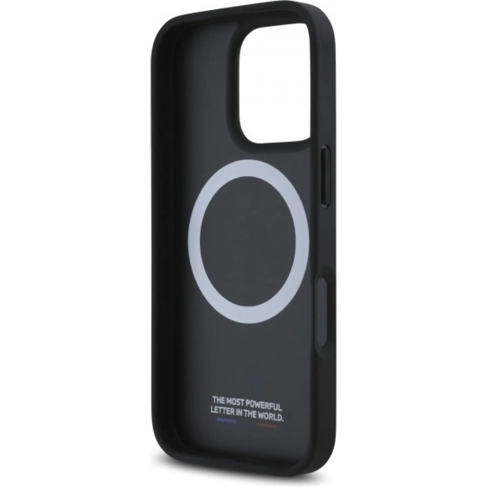 Coque iPhone 16 Pro - BMW M Tricolore Stripes cuir MagSafe - Noir