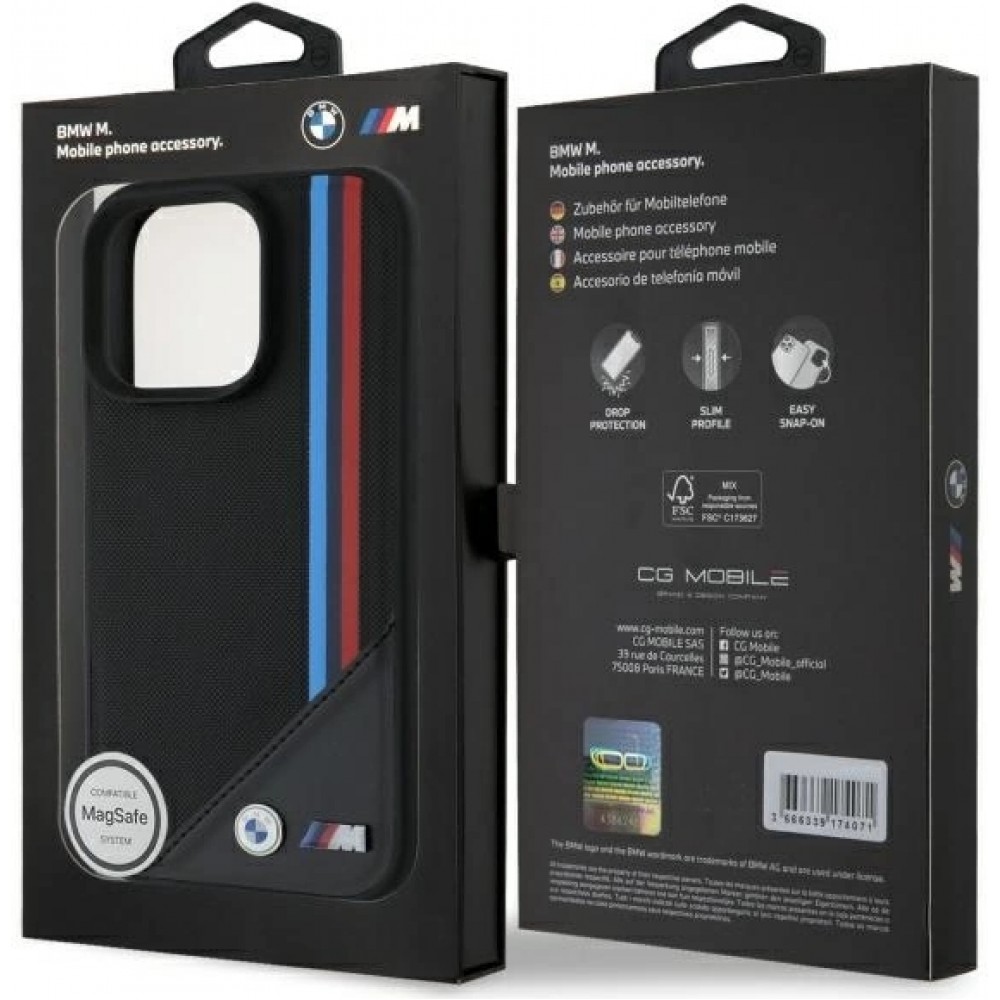 Coque iPhone 16 Pro - BMW M Tricolore Stripes cuir MagSafe - Noir
