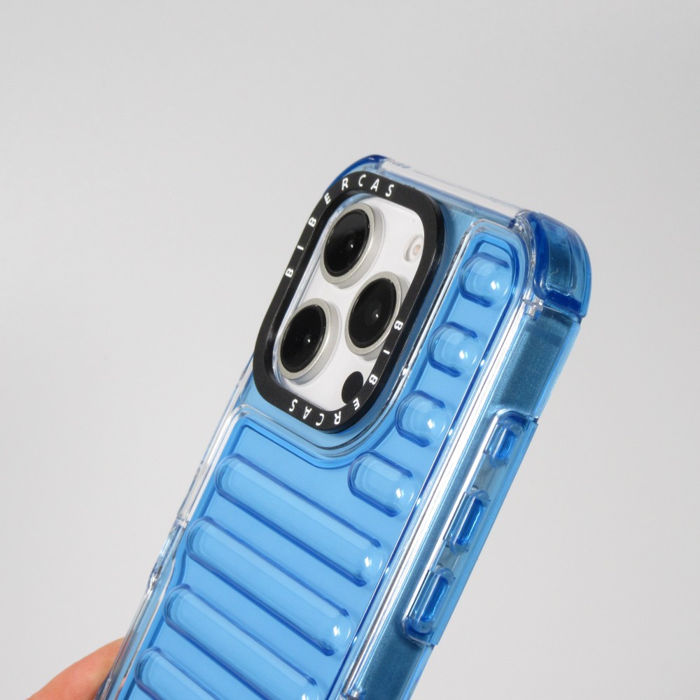 Coque iPhone 16 Pro - Couverture en silicone dur transparente avec effet Bulp 3D et coins renforcés - Bleu