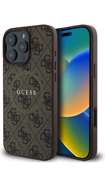 Coque iPhone 16 Pro - Guess monogramme similicuir avec MagSafe intégré - Brun
